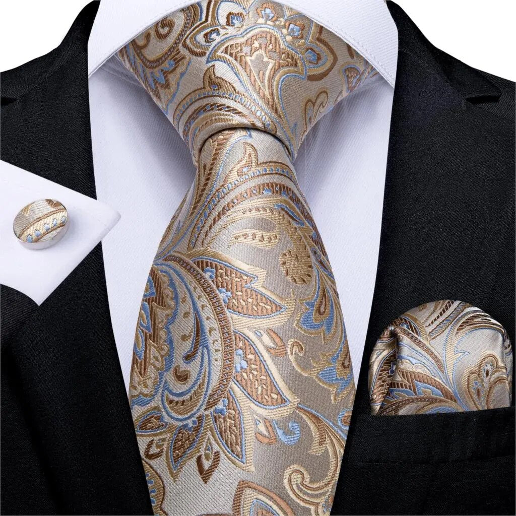 Quality Men Tie Champagne Paisley Silk Wedding Tie For Men Hanky Cufflink Gift Tie Set