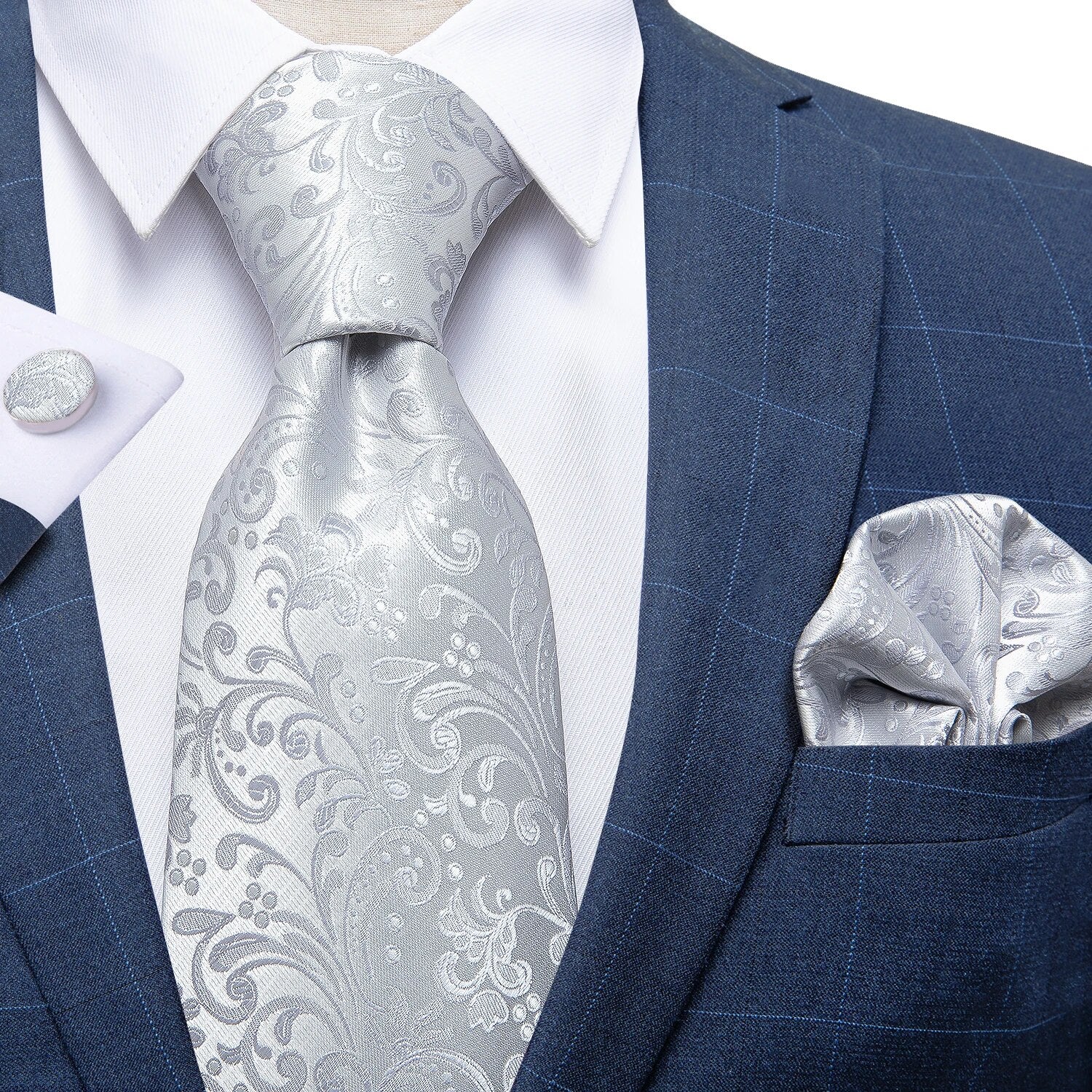 Fashion Men's Ties Silver Floral 8cm Silk Neck Tie