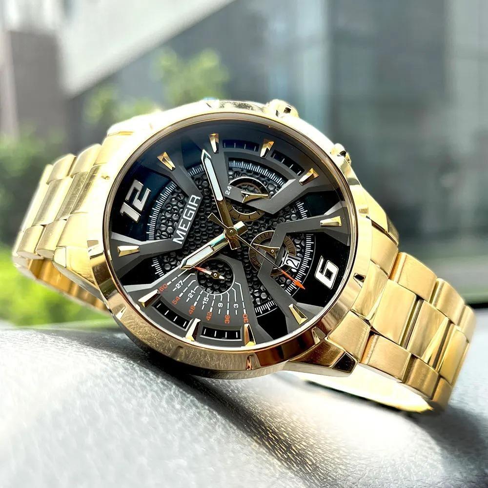 Gold Dress Quartz Watch for Men Fashion Waterproof Chronograph Analog