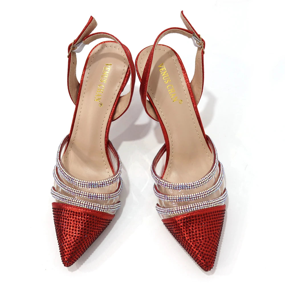 New Wine Exquisite Crystal Decoration Hollow Mesh Mini Bag And Elegant Design High Heeled Shoes