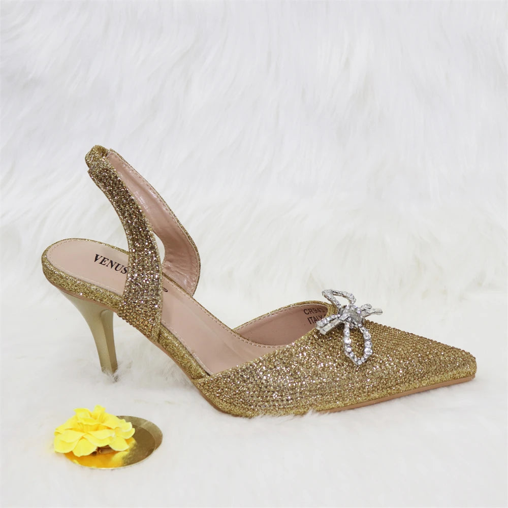 Fashionable Gold Color Ladies Shoes and Bag Set for Party Nigerian Women Wedding Shoes and Bag Set