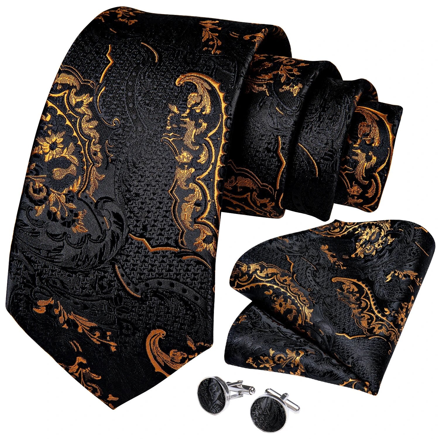 Luxury Black Gold Paisley Silk Ties For Men 8cm Men's Wedding Neck Tie Pocket Square Cufflinks Set