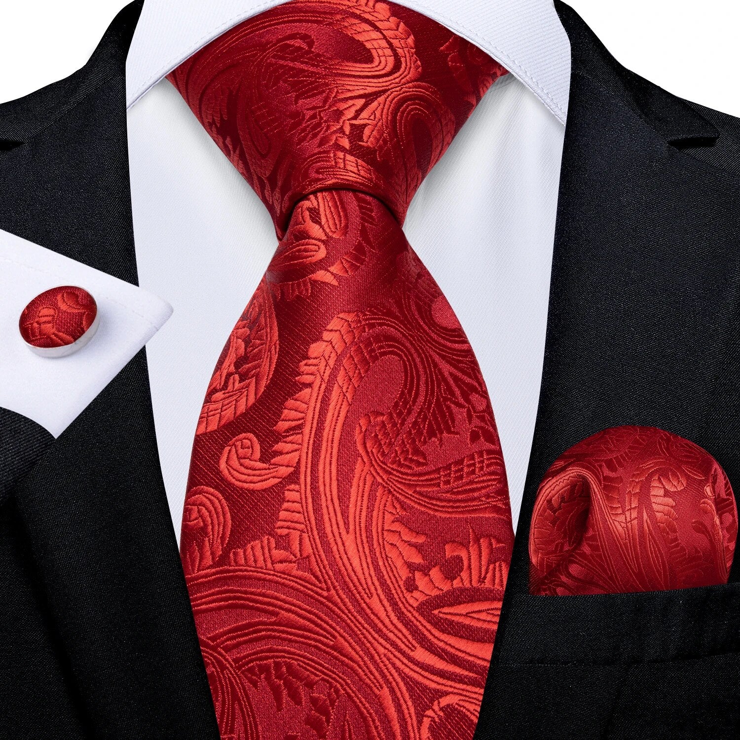 Luxury Red Paisley Solid Men's Ties with Rhinestone Silver Ring  Wedding Party Accessories Gift