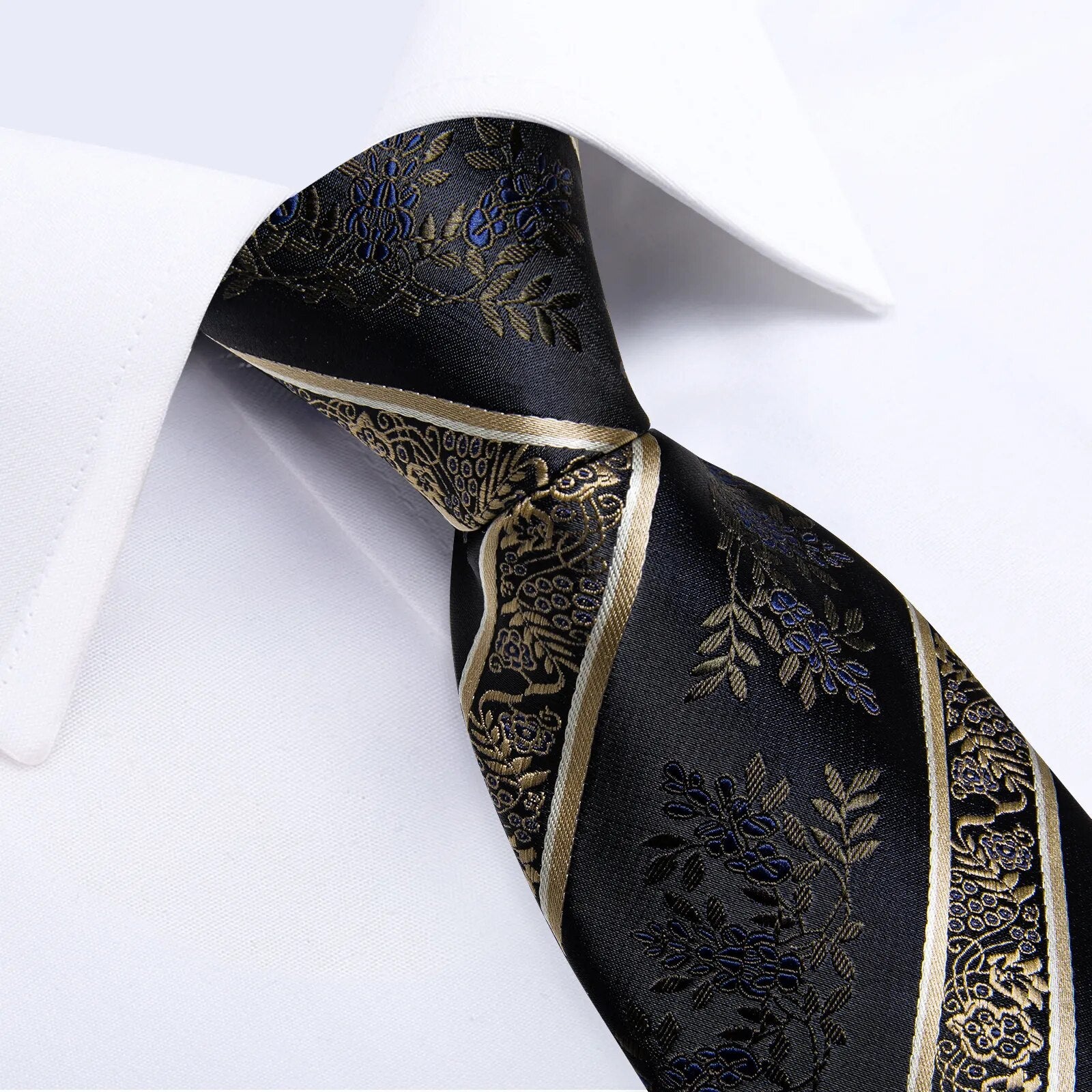 Men's Tie Set with Clip Luxury Retro Striped Floral 8cm Necktie Handkerchief Cufflinks