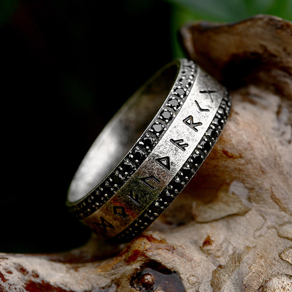 Vintage Creative Stainless Steel Nordic Viking Runes Ring With Zircon Stones Men's Rings