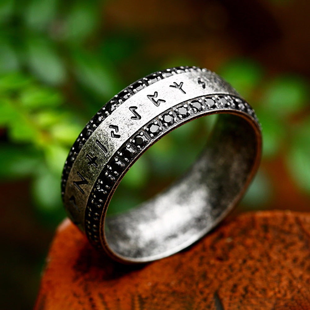 Vintage Creative Stainless Steel Nordic Viking Runes Ring With Zircon Stones Men's Rings