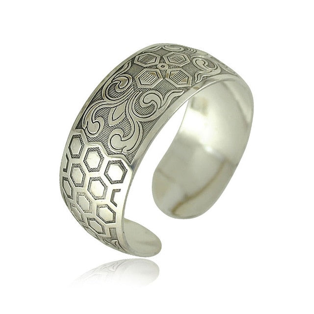 Tibetan Silver Plated Carved Flower Geometric Animal Opening Bangle