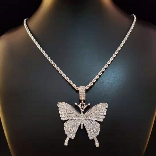 Hip Hop Iced Out Bling butterfly Pendant Necklace