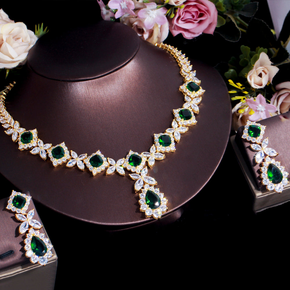 Shiny Green CZ Crystal Luxury Big Dangle Earrings Necklace Set