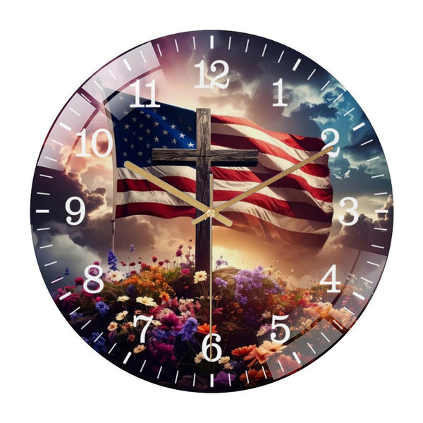Decor Wall Clocks: American Flag & Cross Wreath Glass Wall Clock ，Patriotic Christian Wall Clock for Homes, Bars, Offices, Man Caves, Garages, And Living Rooms. Also Makes A Great Gift.