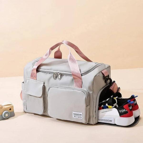 Bolsas de lona de viaje, bolsa de gimnasio para mujer, bolsas de lona impermeables, compartimento para zapatos y bolsillo para el hombro.
