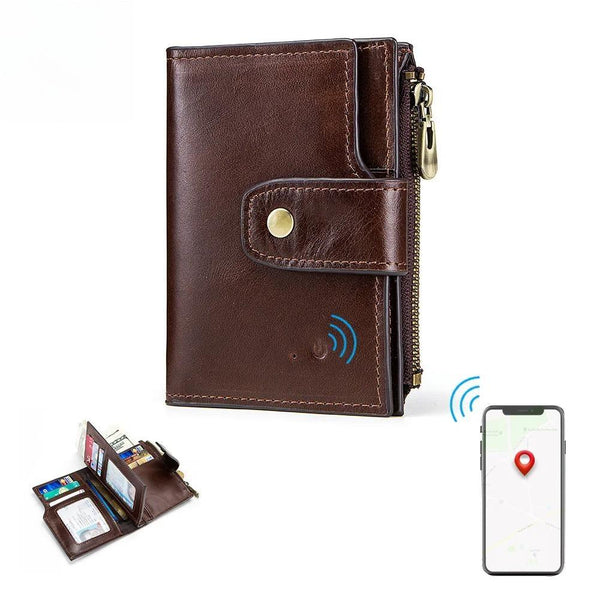 Cartera inteligente de cuero genuino con rastreador antipérdida para hombre, tarjetero