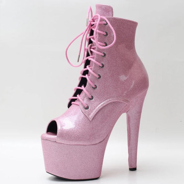 Botines de striptease con punta abierta y tacón alto de 18 cm en color rosa