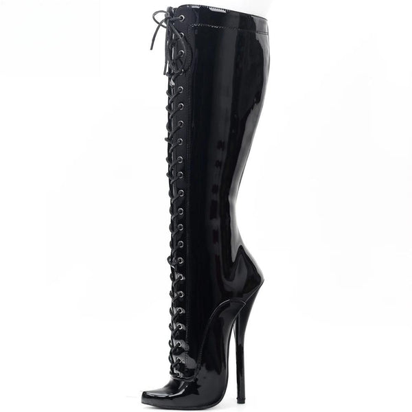 Extreme Shiny Black 7" Ballet Lace up Play Boots Cosplay Fetish 5-15