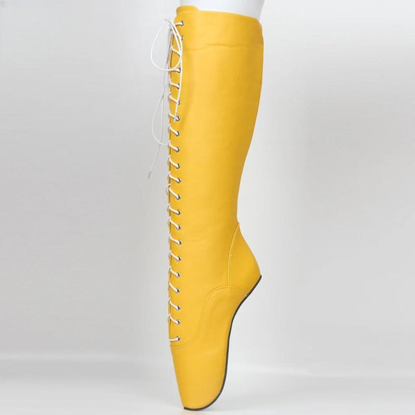 Botas altas hasta la rodilla amarillas con tacón de 18 cm y tacón sin tacón para fetiche de ballet.