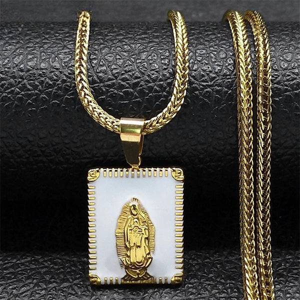 Exquisito collar con colgante de medalla cuadrada de la Virgen María para mujeres y hombres