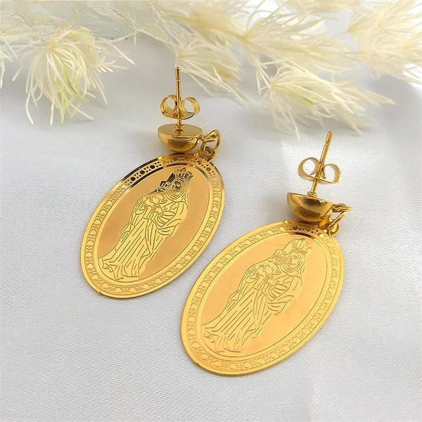 Pendientes colgantes de la Virgen María para mujer, de acero inoxidable, color dorado, con forma de gota de Nuestra Señora.