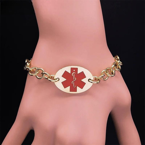Pulsera de cadena con identificación de alerta médica, de acero inoxidable, color dorado, con recordatorio de emergencia.