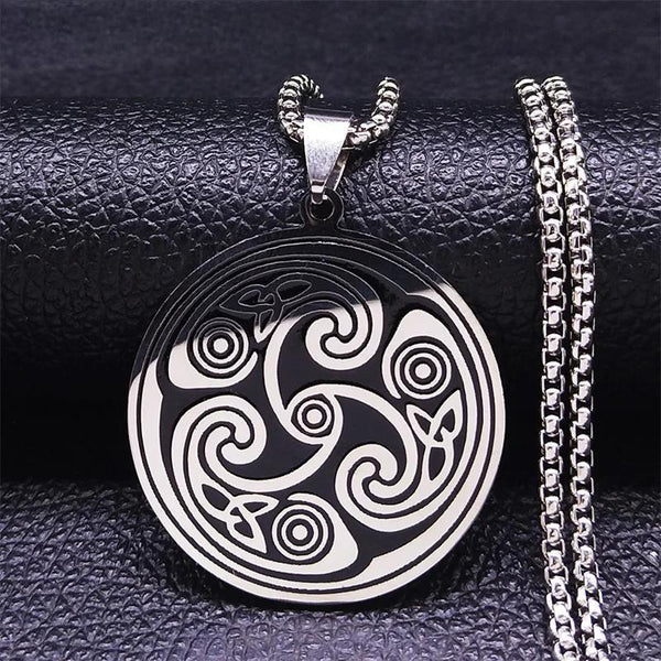 Collar de acero inoxidable con nudo celta y triskelion vikingo en espiral para mujer y hombre.