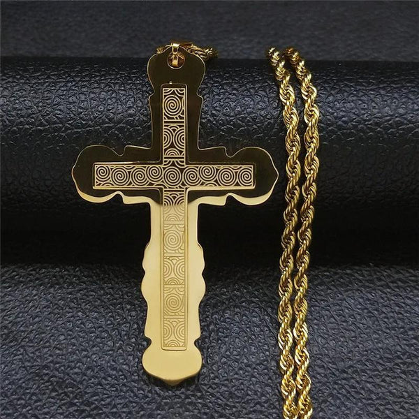 Collar de cruz católica retro de acero inoxidable para hombre y mujer, cadena larga dorada.