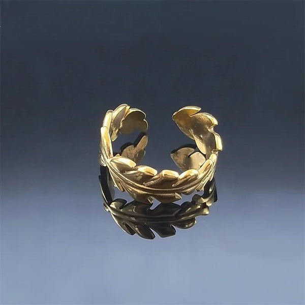 Boho Feather Rings for Women Stainless Steel Gold Color Opening Adjustable Ring