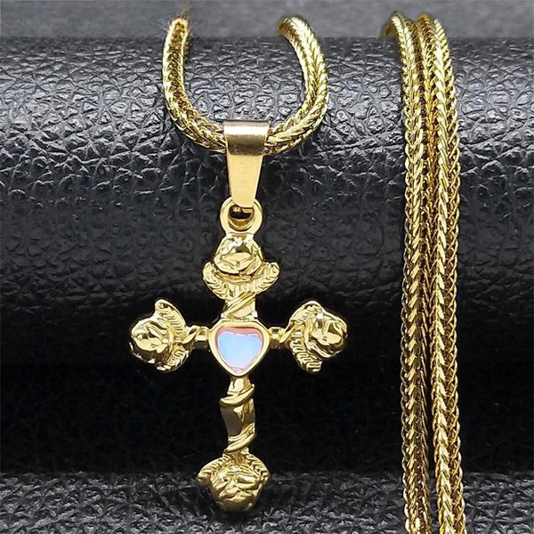 Collar con cruz estética y flor de rosa para mujer y hombre, color dorado