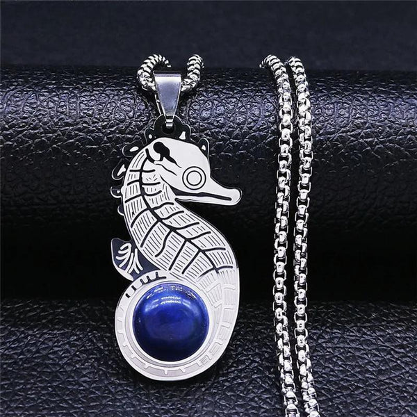 Collar Hippocampus Bohemia para mujer/hombre con piedra natural azul