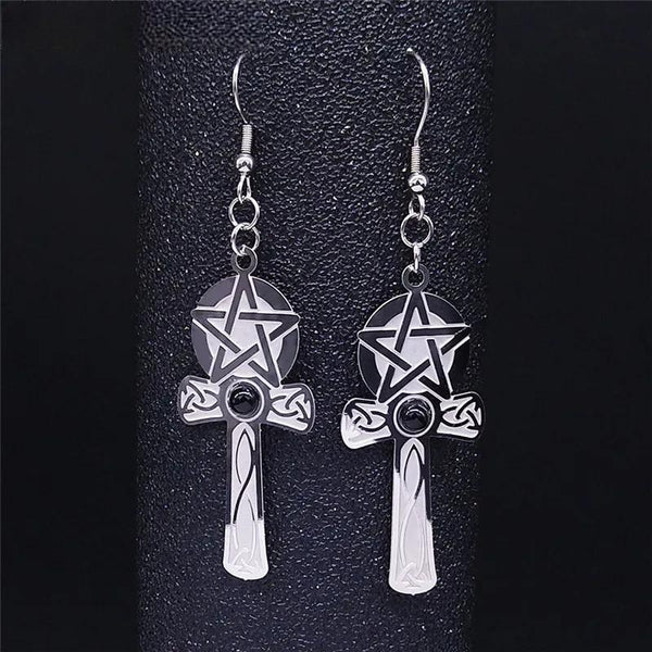 Pendientes colgantes con forma de cruz de pentagrama y brujería, de acero inoxidable, piedra natural, color plata, nudo irlandés de la trinidad Wicca.
