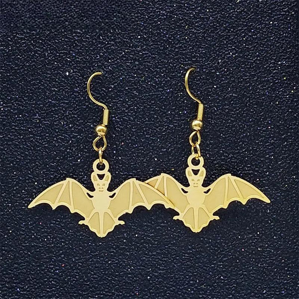 Pendientes colgantes de acero inoxidable con forma de murciélago para mujer.