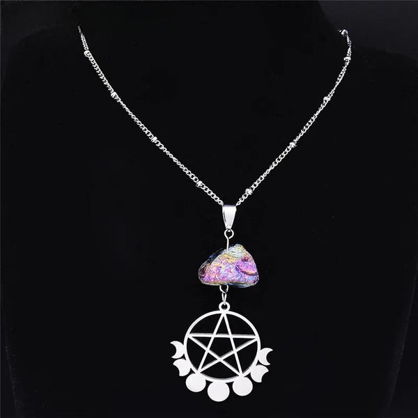 Collar con dije de acero inoxidable de cristal natural con pentagrama y luna de brujería