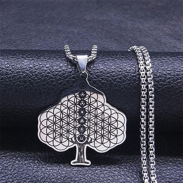 Collar de acero inoxidable con la flor de la vida y el árbol de los 7 chakras para mujeres y hombres.