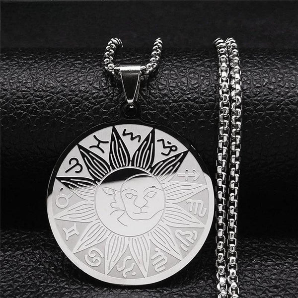 Collar de cadena de acero inoxidable con las 12 constelaciones, el sol y la luna, para la astrología y la adivinación.
