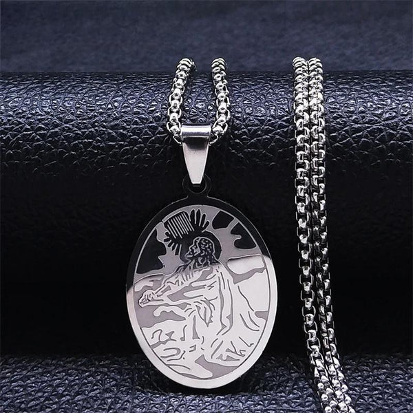 Collar de cadena de acero inoxidable con el dolor de Jesús en el jardín para mujer y hombre, color plata