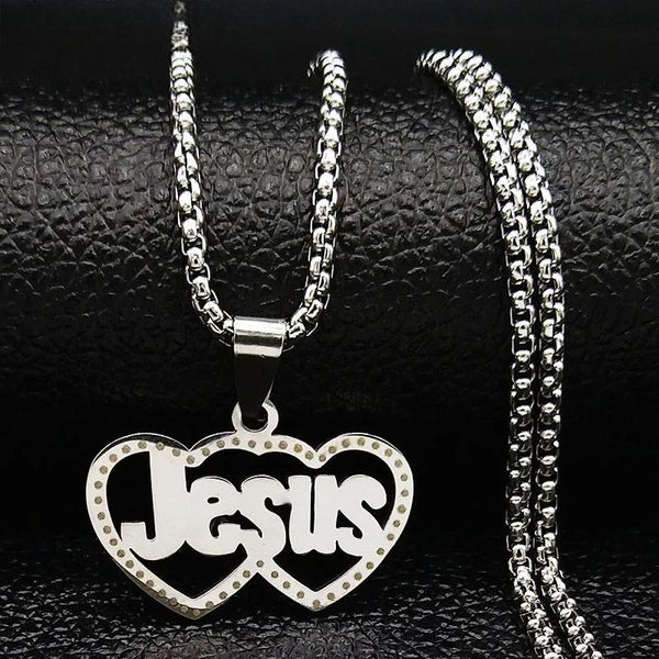 Collar de acero inoxidable con doble corazón de Jesús para mujer, joyería de color plata, collares religiosos