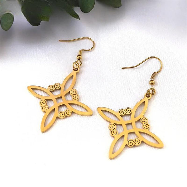 Pendientes colgantes con nudo de bruja para mujer, de acero inoxidable, color dorado, estilo brujería irlandesa.