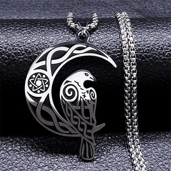 Collar de cadena de acero inoxidable con nudo de luna creciente y cuervo de Wicca para mujeres y hombres