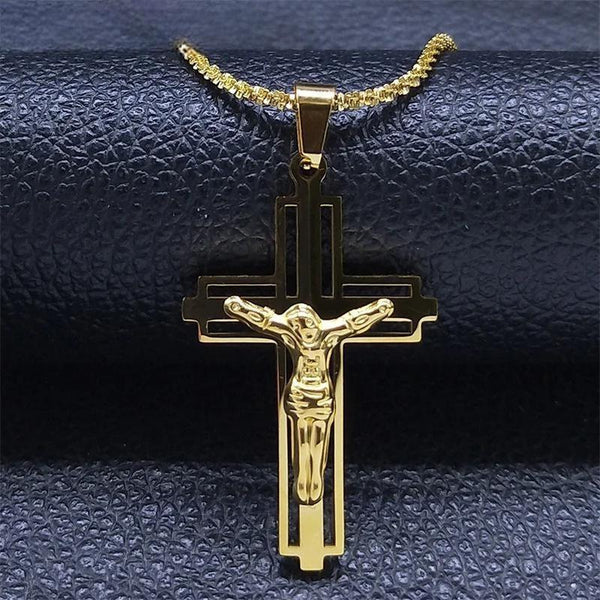 Gargantilla con cruz de Jesús para mujer y hombre, de acero inoxidable, color dorado, con cadena católica.