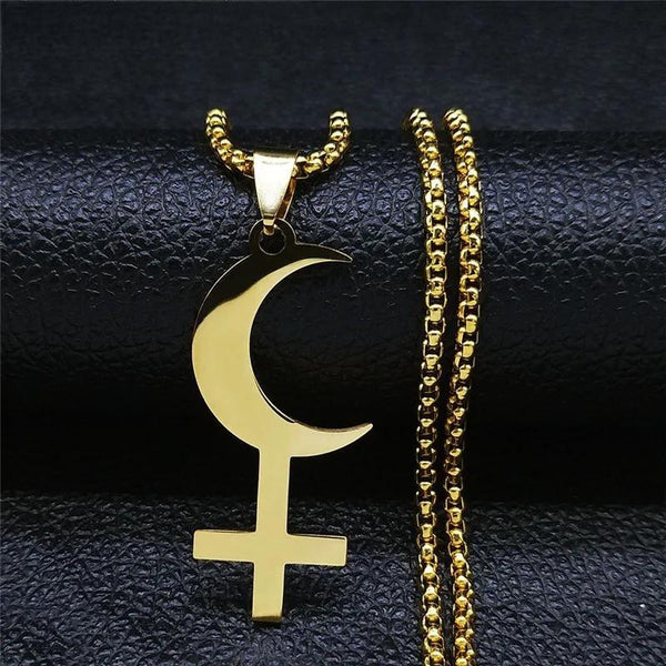 Collar de cadena de acero inoxidable con el símbolo astrológico de Lilith, color dorado