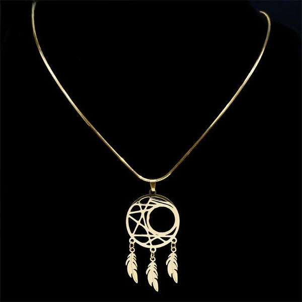 Collares de luna atrapasueños de moda para mujeres y hombres, de acero inoxidable, color dorado.