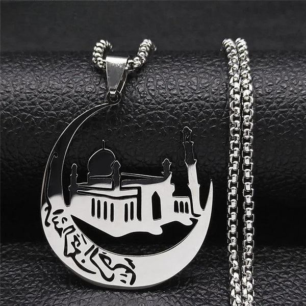 Collares de cadena de media luna de acero inoxidable con diseño de mezquita musulmana para mujer