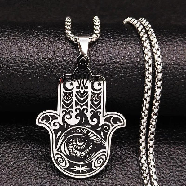 Collar de cadena de acero inoxidable con ojo de mano de Fátima en color plateado para mujer