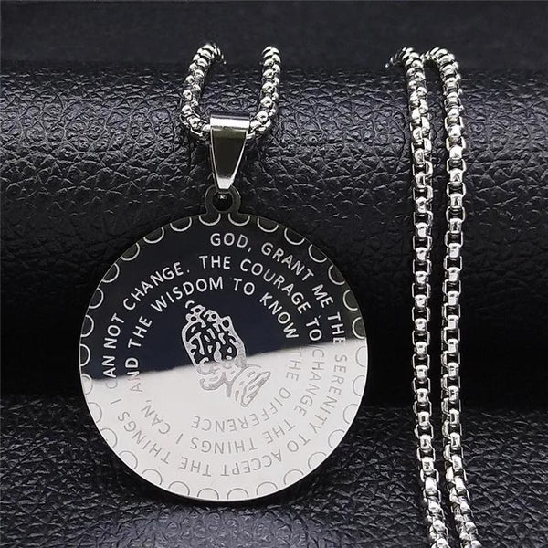 Collar con dije de acero inoxidable con la Biblia de Jesús y las manos en oración para mujer y hombre.
