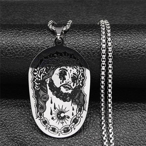 Collar de acero inoxidable con crucifijo, corona de espinas y cruz gótica