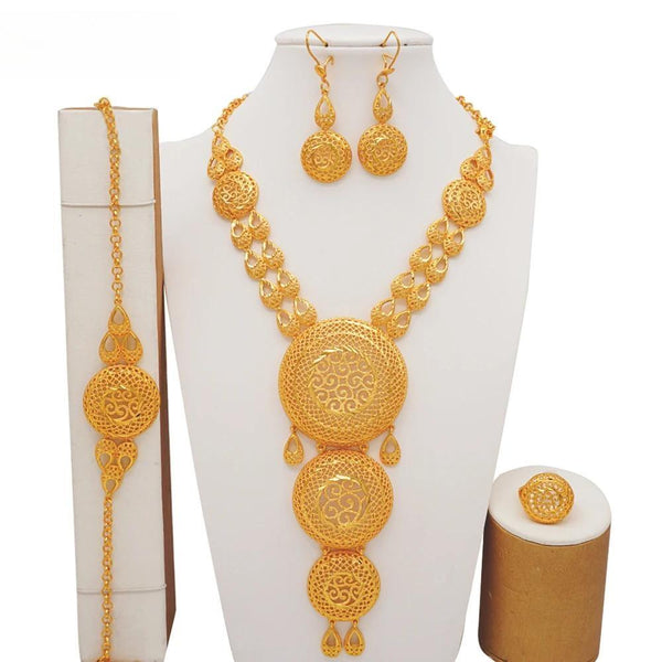 Conjunto de collar y pulsera de lujo de Dubái, color dorado, aretes y anillos.