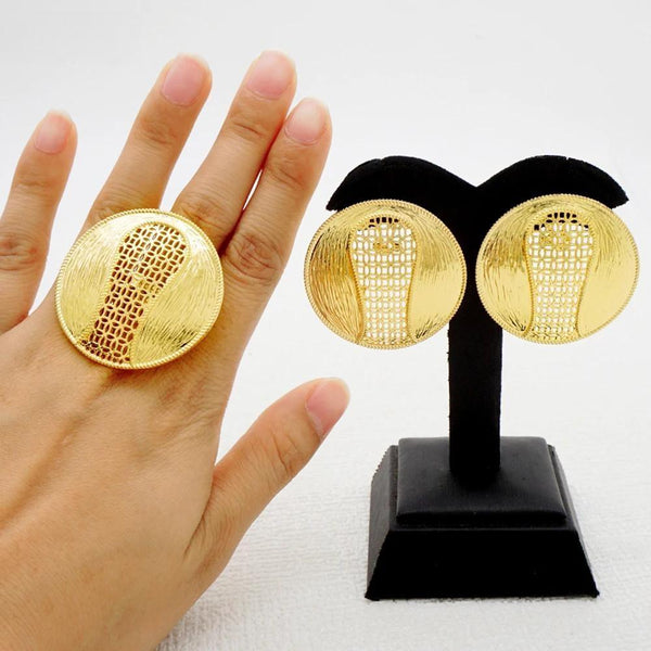 Fashion Dubai African Gold Color Copper Earrings Resizable Rings Ethiopian Jewelry Set