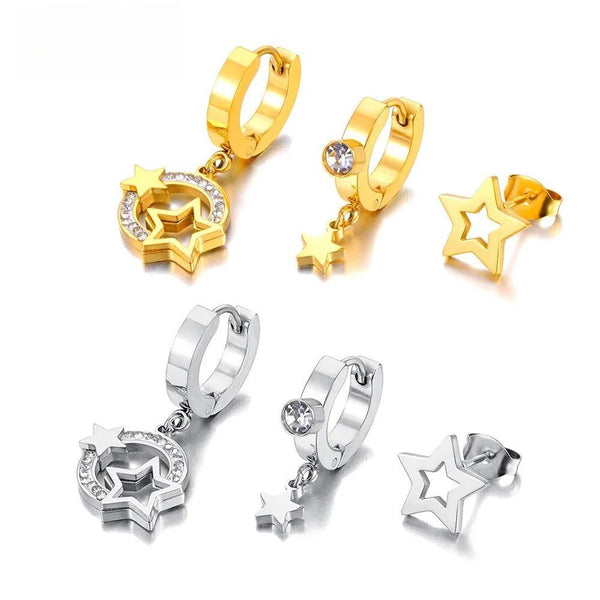 3 pendientes de aro pequeños de acero inoxidable con forma de estrella y diamantes de imitación.