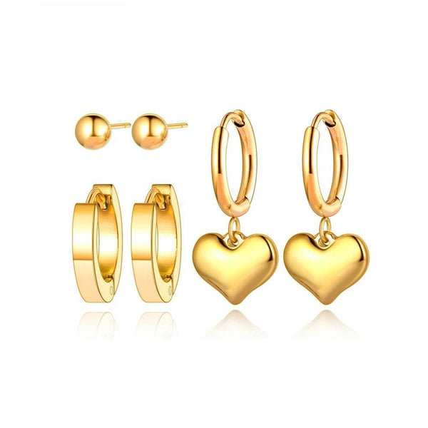 Pendientes de corazón de acero inoxidable y titanio de moda (3 pares/juego)