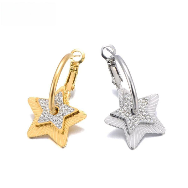 Pendientes de aro de acero inoxidable con forma de estrella y diamantes de imitación para mujer