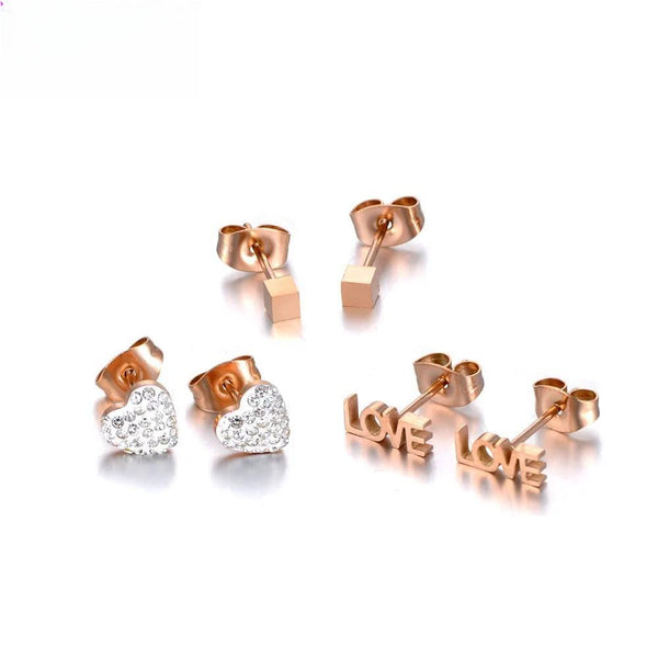 Juego de 3 pares de pendientes de acero inoxidable con forma de corazón y corazón de cristal, con diseño de amor y cuadrado, para mujer.