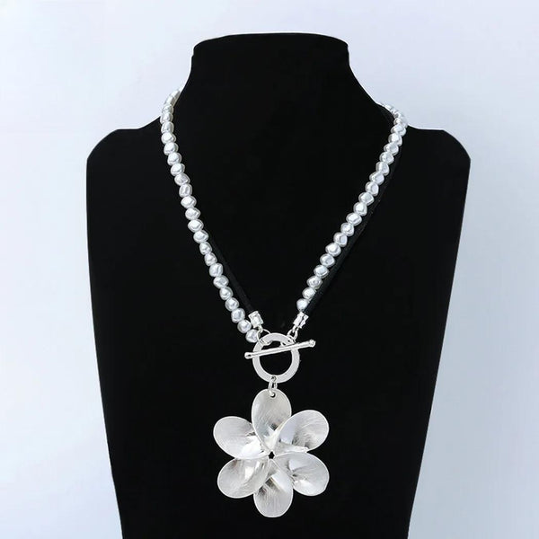 Big Statement Silver Color Suspension Flower Necklace Long Chain Pendant